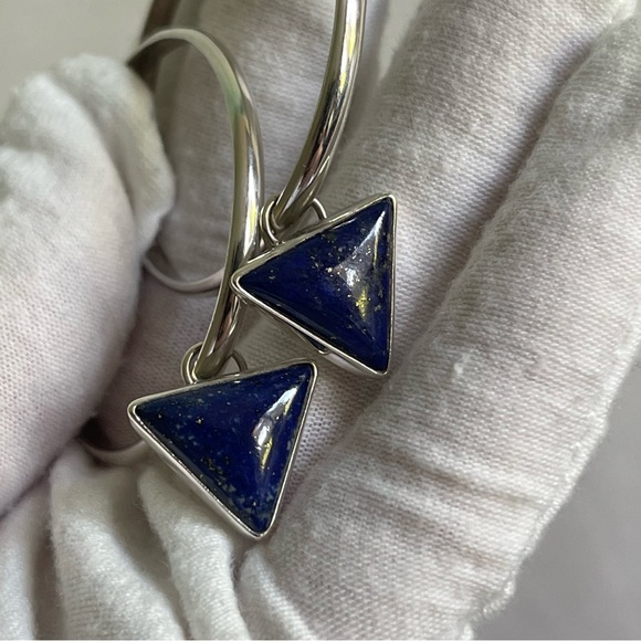 Silver Hoop Lapis Lazuli Drop Earrings - Picture 4 of 9